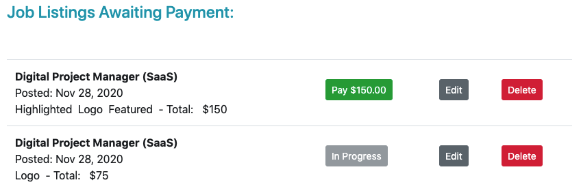 pending job listings sample shown with management and payment options